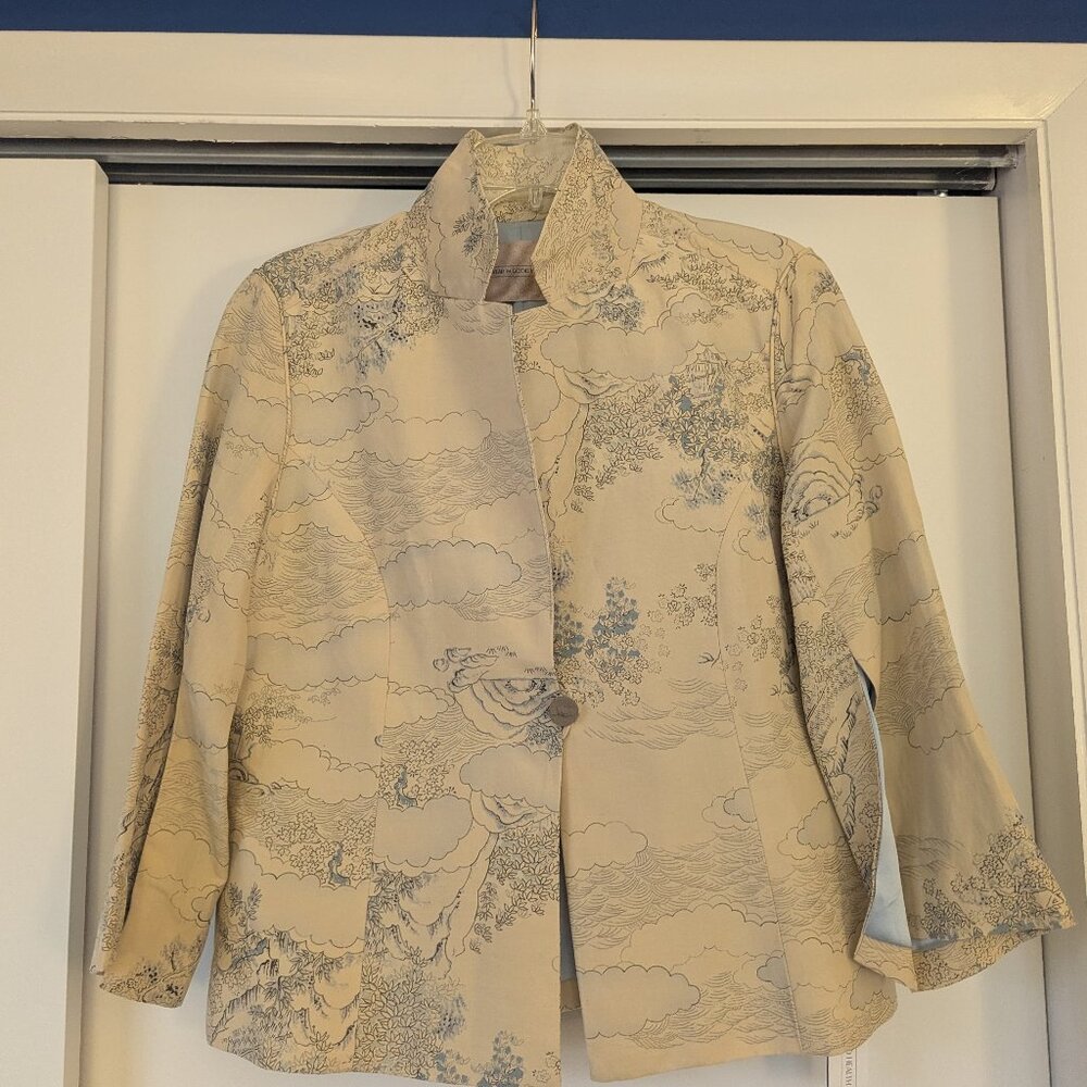 Cream and Blue Silk and Linen Toile Jacket by Wear in Good Health